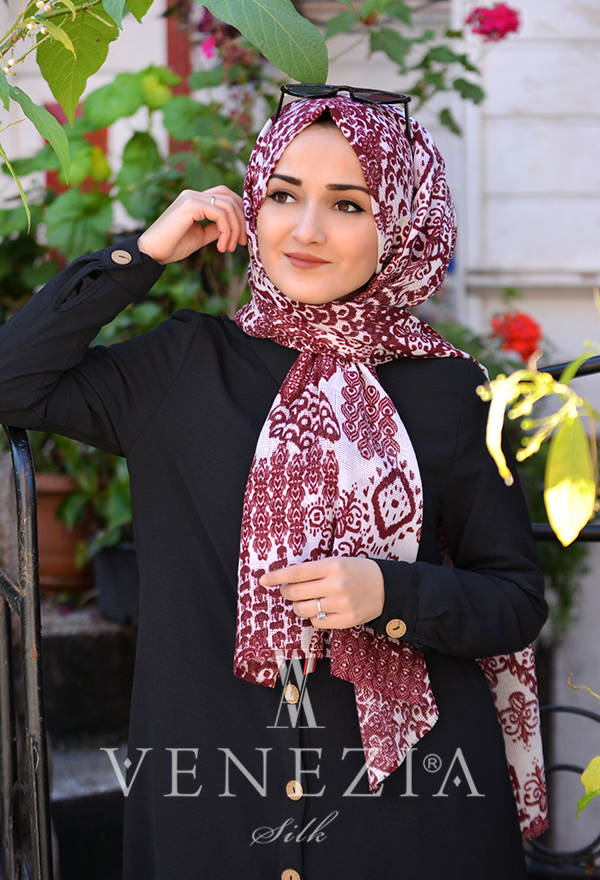 Akel Damask Desen Cotton Şal - Bordo