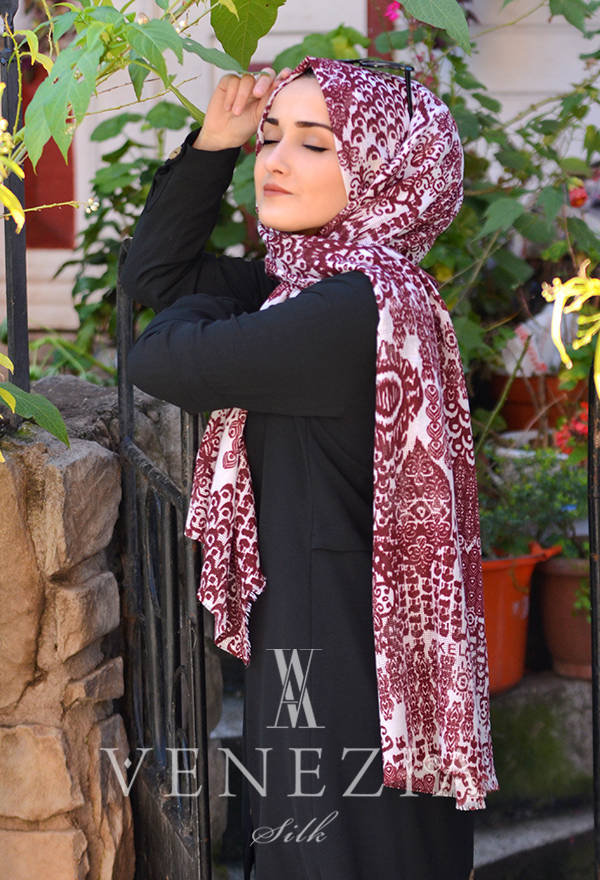 Akel Damask Desen Cotton Şal - Bordo