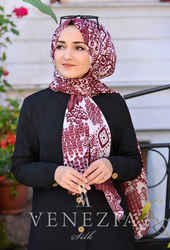 Akel Damask Desen Cotton Şal - Bordo - Thumbnail