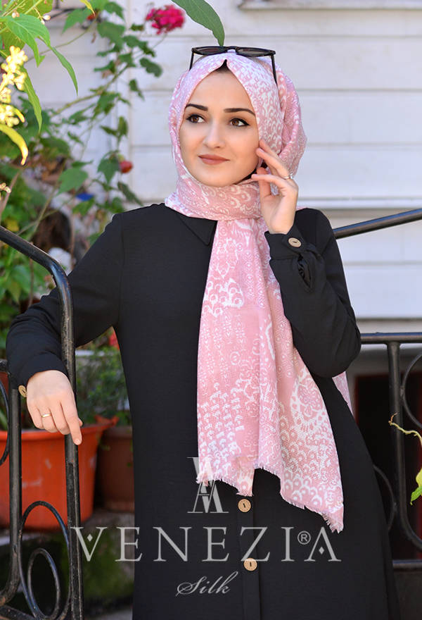 Akel Damask Desen Cotton Şal - Pembe