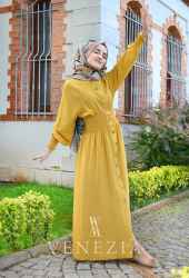 Venezia Wear Beli Büzgülü Elbise - Sarı - Thumbnail