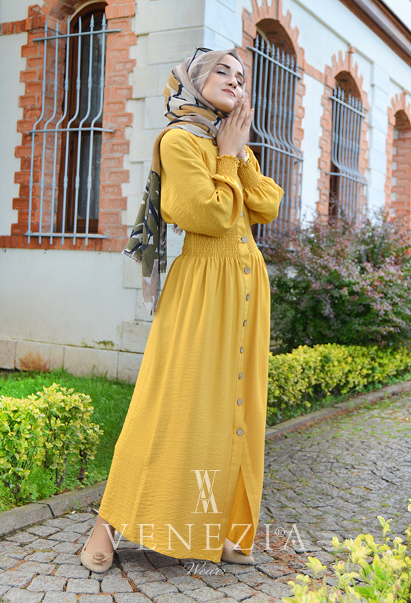 Venezia Wear Beli Büzgülü Elbise - Sarı