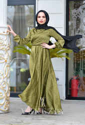 Venezia Wear Çapraz Saten Elbise - Yağ Yeşili - Thumbnail