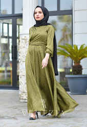 Venezia Wear Çapraz Saten Elbise - Yağ Yeşili - Thumbnail