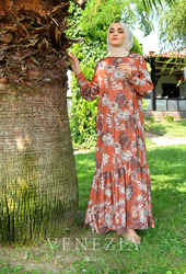 Venezia Wear Çiçekli Kemer Detaylı Elbise - Kiremit - Thumbnail