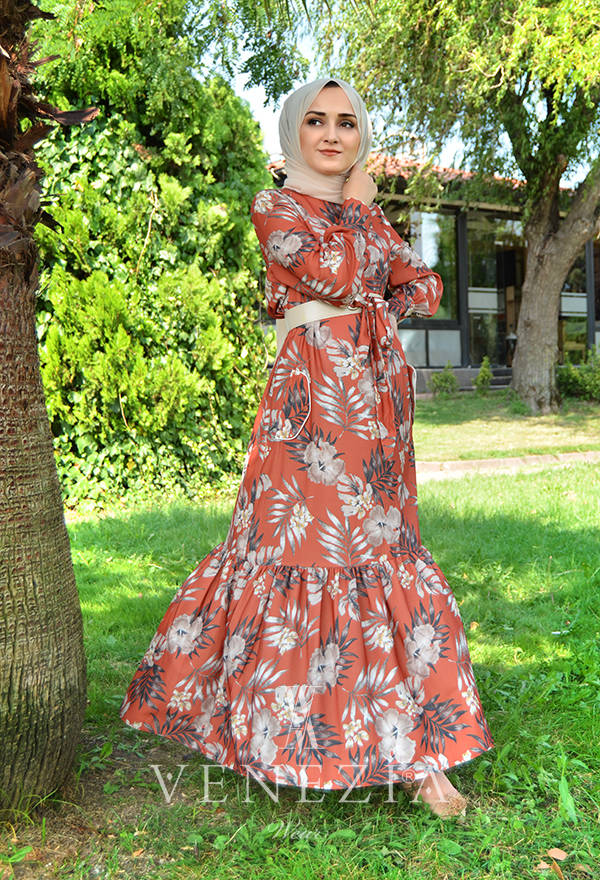 Venezia Wear Çiçekli Kemer Detaylı Elbise - Kiremit