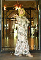 Venezia Wear Çiçekli Kemer Detaylı Elbise - Vizon - Thumbnail