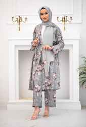 Venezia Wear Çiçekli Kimono Takım - Gri - Thumbnail
