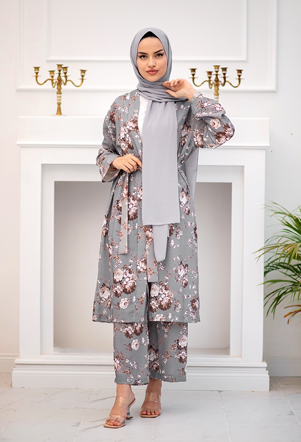 Venezia Wear Çiçekli Kimono Takım - Gri