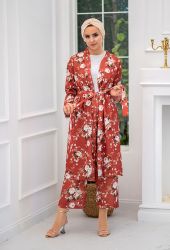 Venezia Wear Çiçekli Kimono Takım - Tarçın - Thumbnail
