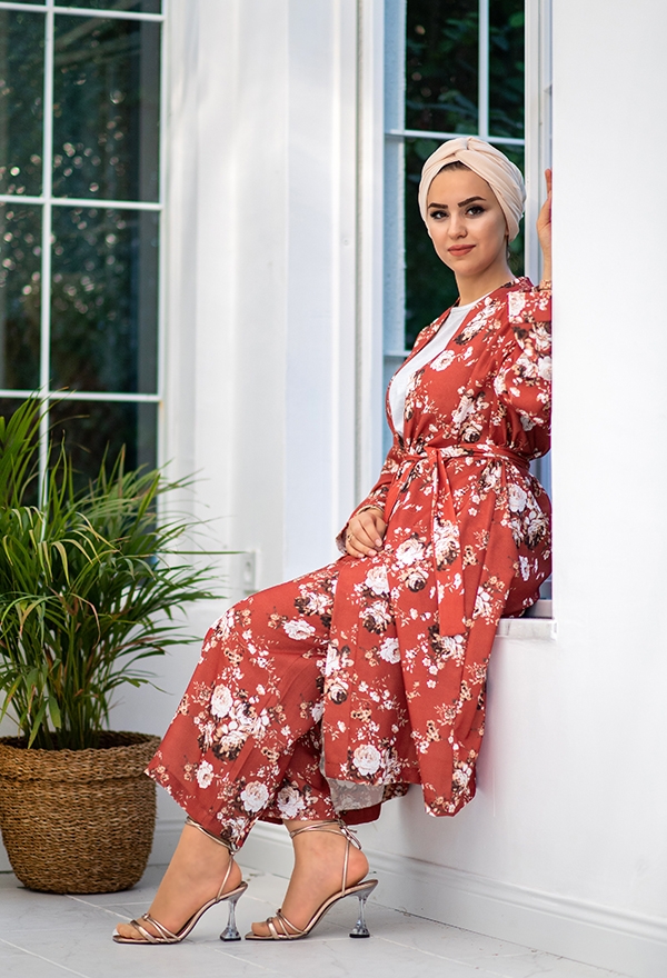 Venezia Wear Çiçekli Kimono Takım - Tarçın