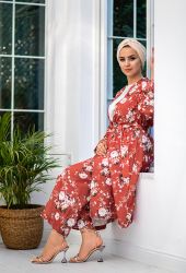 Venezia Wear Çiçekli Kimono Takım - Tarçın - Thumbnail