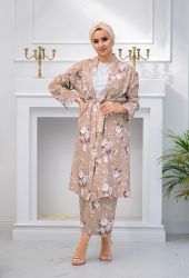 ​Venezia Wear Çiçekli Kimono Takım - Vizon - Thumbnail
