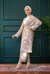 ​Venezia Wear Çiçekli Kimono Takım - Vizon - Thumbnail