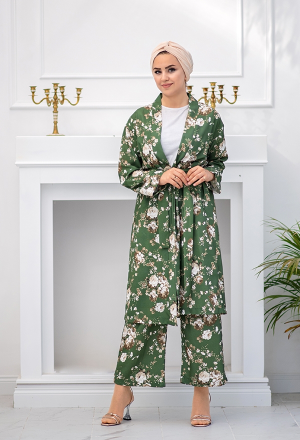 ​Venezia Wear Çiçekli Kimono Takım - Yeşil
