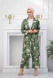 ​Venezia Wear Çiçekli Kimono Takım - Yeşil - Thumbnail