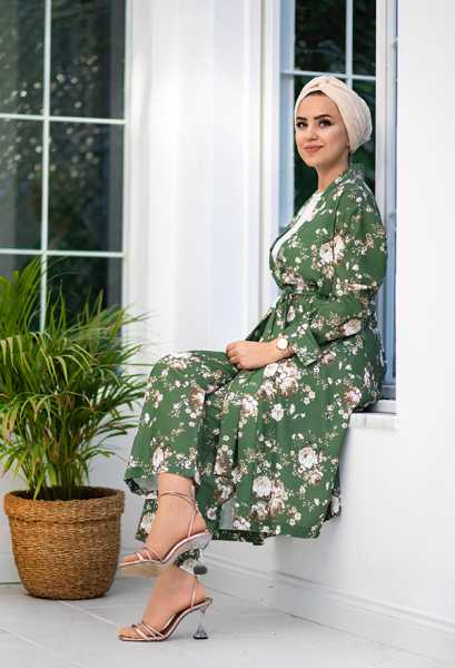 VENEZİA WEAR - ​Venezia Wear Çiçekli Kimono Takım - Yeşil (1)