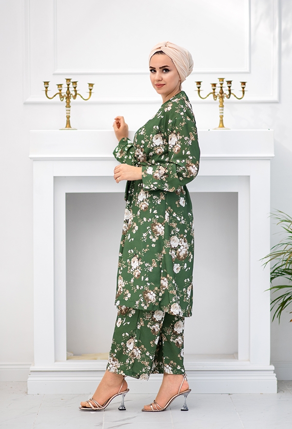 ​Venezia Wear Çiçekli Kimono Takım - Yeşil