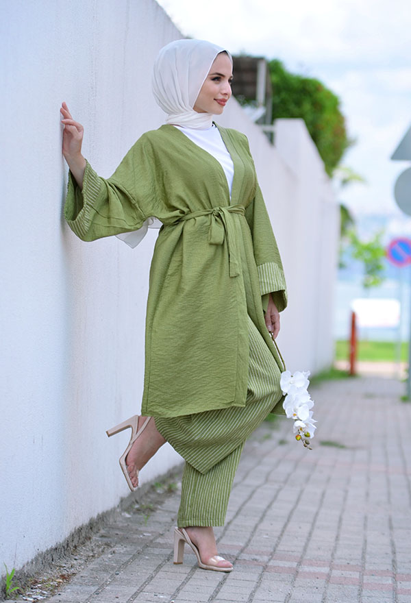 Venezia Wear Çizgili Kimono Takım - Açık Yeşil