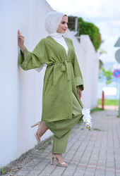 Venezia Wear Çizgili Kimono Takım - Açık Yeşil - Thumbnail