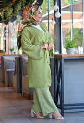 Venezia Wear Çizgili Kimono Takım - Açık Yeşil - Thumbnail