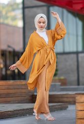 Venezia Wear Çizgili Kimono Takım - Kavuniçi - Thumbnail