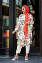 ​Venezia Wear Desenli Kolu Büzgülü Kimono - Beyaz - Thumbnail