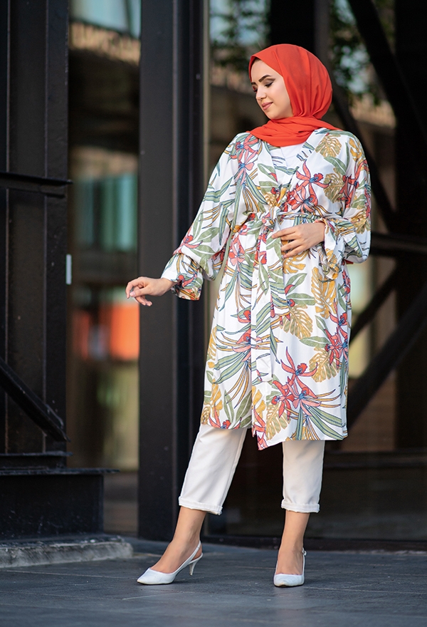 ​Venezia Wear Desenli Kolu Büzgülü Kimono - Beyaz
