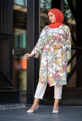 ​Venezia Wear Desenli Kolu Büzgülü Kimono - Beyaz - Thumbnail