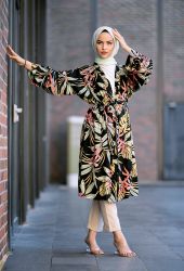 ​Venezia Wear Desenli Kolu Büzgülü Kimono - Siyah - Thumbnail