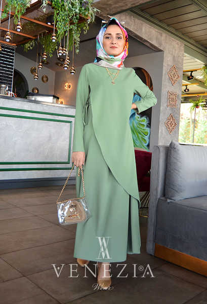 VENEZİA WEAR - Venezia Wear Düz Renk Kemerli Tesettür Elbise - Mint Yeşili (1)