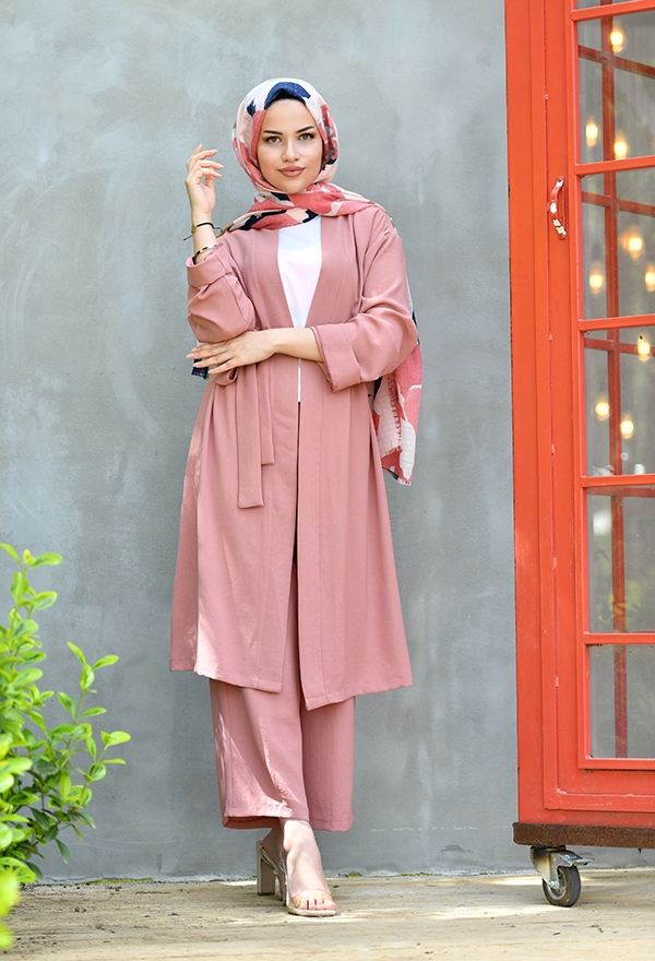 Venezia Wear Düz Renk Kimono Takım - Gül Kurusu