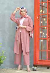 Venezia Wear Düz Renk Kimono Takım - Gül Kurusu - Thumbnail