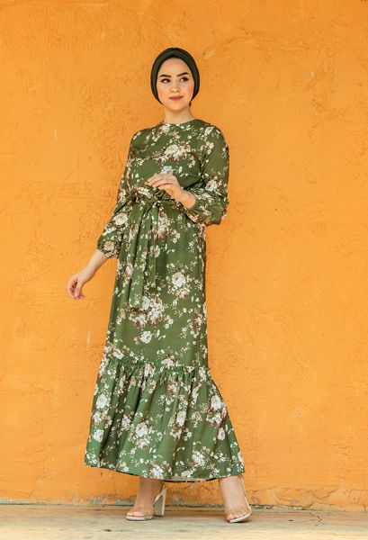 VENEZİA WEAR - Venezia Wear Fırfırlı Çiçek Desenli Elbise - Yeşil (1)
