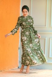 Venezia Wear Fırfırlı Çiçek Desenli Elbise - Yeşil - Thumbnail
