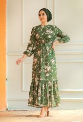 Venezia Wear Fırfırlı Çiçek Desenli Elbise - Yeşil - Thumbnail