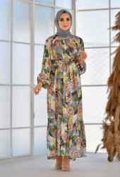 Venezia Wear Gül Desen Fırfırlı Elbise - Gri - Thumbnail