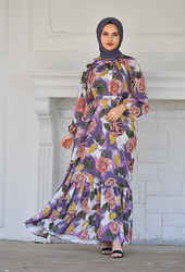 Venezia Wear Gül Desen Fırfırlı Elbise - Lila - Thumbnail