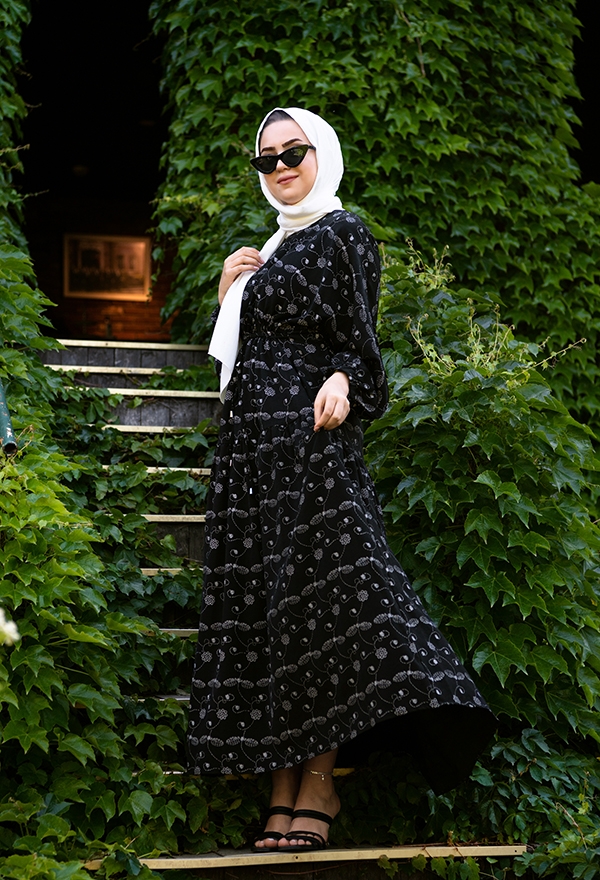 ​Venezia Wear İşlemeli Beli Büzgülü Elbise - Siyah