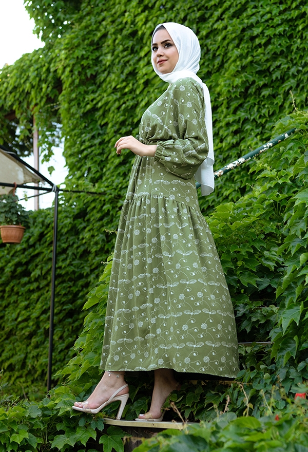 ​Venezia Wear İşlemeli Beli Büzgülü Elbise - Yeşil