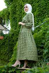 ​Venezia Wear İşlemeli Beli Büzgülü Elbise - Yeşil - Thumbnail