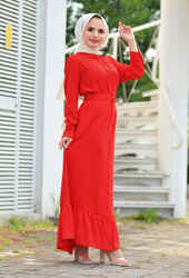 Venezia Wear Kemer Detaylı Elbise - Kırmızı - Thumbnail