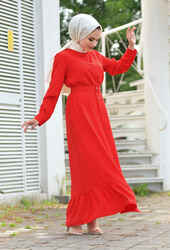 Venezia Wear Kemer Detaylı Elbise - Kırmızı - Thumbnail