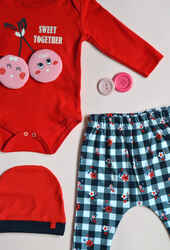 Venezia Wear Kız Bebek Kirazlı 3'lü Takım - Kırmızı - Thumbnail