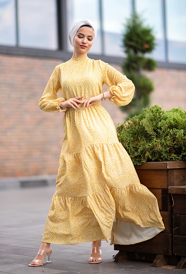 ​Venezia Wear Kolları Büzgülü Kat Kat Elbise - Sarı