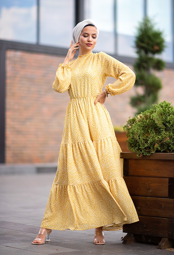 ​Venezia Wear Kolları Büzgülü Kat Kat Elbise - Sarı