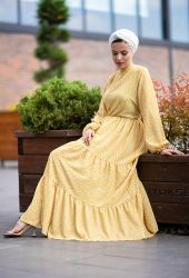 ​Venezia Wear Kolları Büzgülü Kat Kat Elbise - Sarı - Thumbnail
