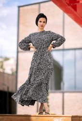 ​Venezia Wear Kolları Büzgülü Kat Kat Elbise - Siyah - Thumbnail