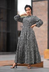 ​Venezia Wear Kolları Büzgülü Kat Kat Elbise - Siyah - Thumbnail