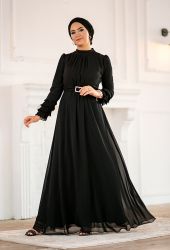 ​Venezia Wear Kolu Büzgülü Abiye Elbise - Siyah - Thumbnail